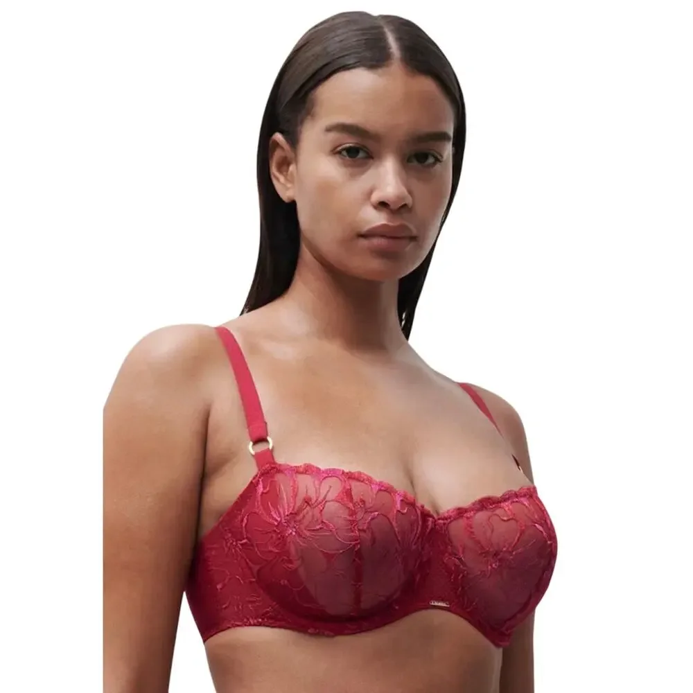Chantelle $125 Fleur Demi Lace Floral Bra in Red Candy Apple Size 34DD
